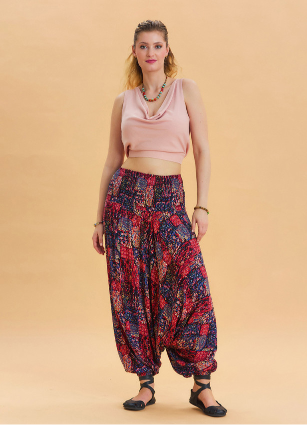 Red Bohemian Shalwar with Elastic Waist and Gipe Detail 4536